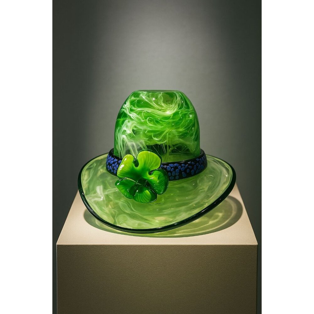 Handcrafted Murano Glass Hat Bowl Swirled Green with Shamrock Accent Candy Dish